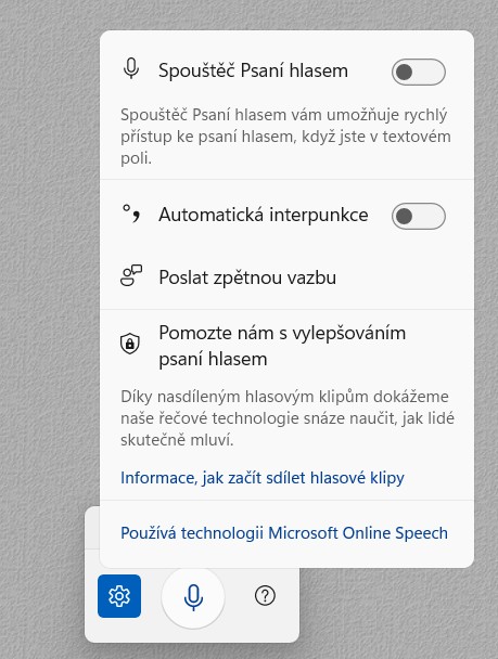 Diktování textu nastavení